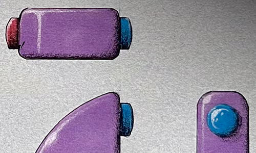 « L’Incisive » : Contenant de polymère à deux zones thermo-formées d’une seule pièce. — Croquis technique réalisé avec marqueurs graphiques et encre.