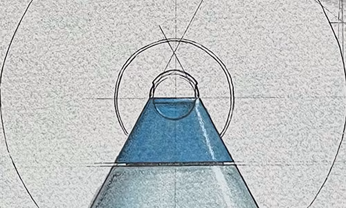 « Pivot » : Conception d’un contenant de polymères thermo-formé par injection. — Croquis technique réalisé avec marqueurs graphiques et encre.
