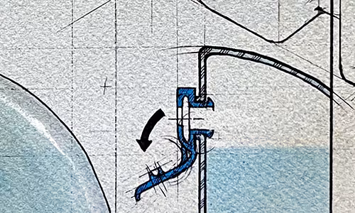 « Accroc » : Conception d’un contenant de polymères thermo-formé par injection. — Croquis technique réalisé avec marqueurs graphiques et encre.