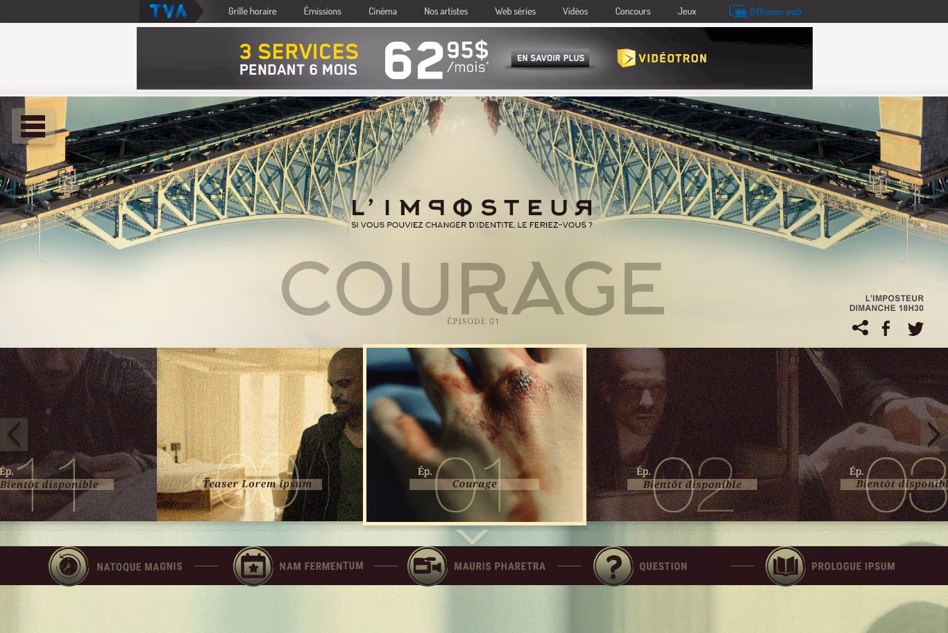 Page d’acceuil du site internet de la télésérie québécoise L’IMPOSTEUR mis en ligne en 2016